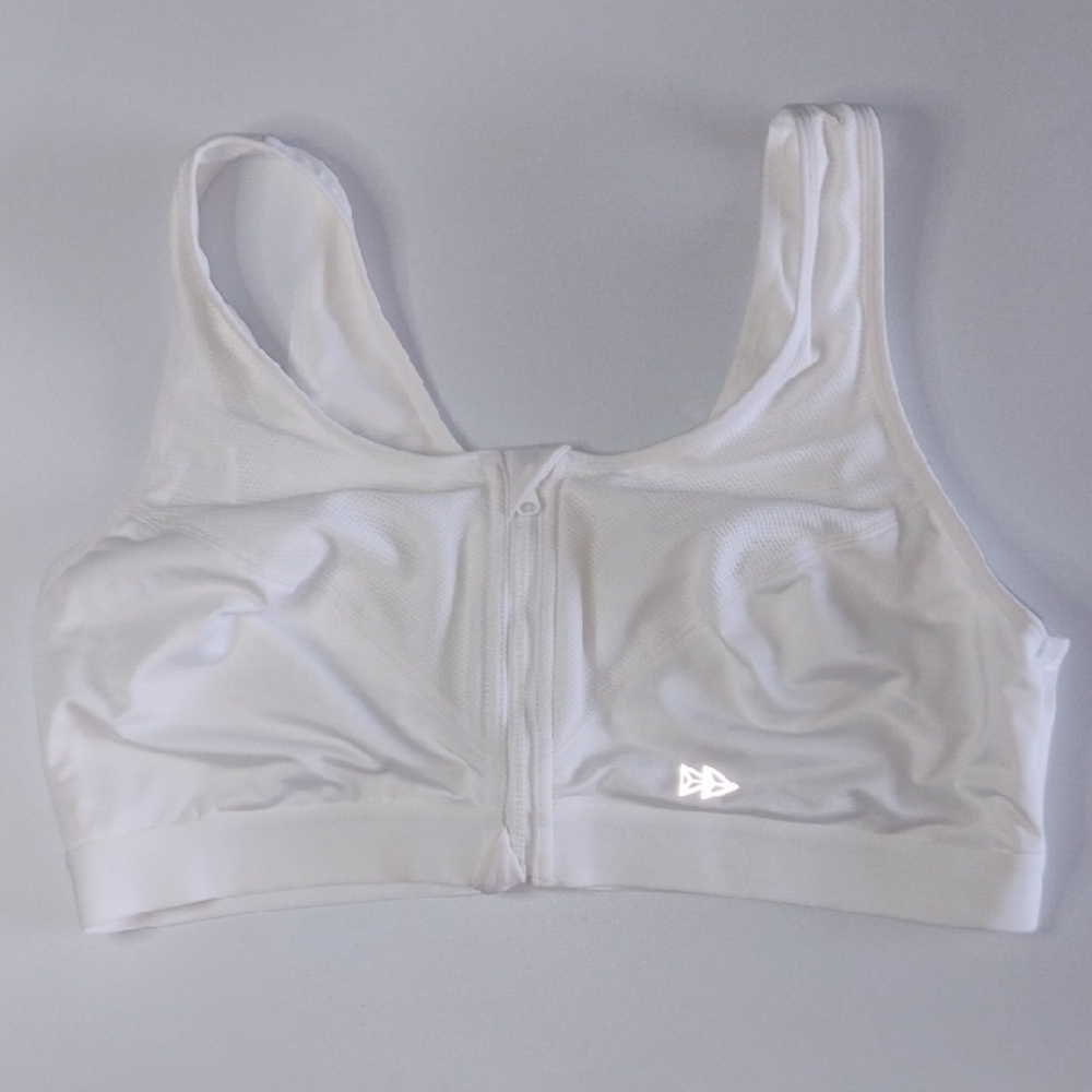 Yvette White Minimalist Sports Bra Zipper Front Scoop Neckline Size 46B Athletic
